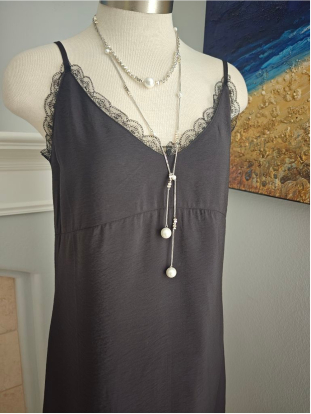 Women's Black Lace Trim Chemise Slip Dress